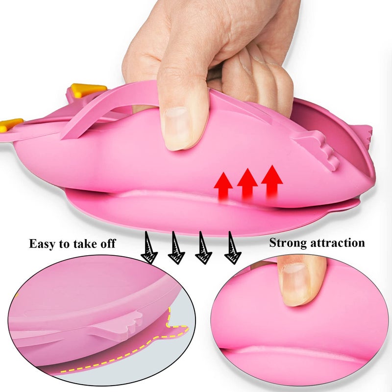 NICINGU Baby Toddler Silicone Suction Plate with Spoon&Fork And Adjustable Bib Set,Silicone Baby Feeding Utensils Set，Baby Toddler Led Weaning Supplies Set-Pink Owl Set - Image 3